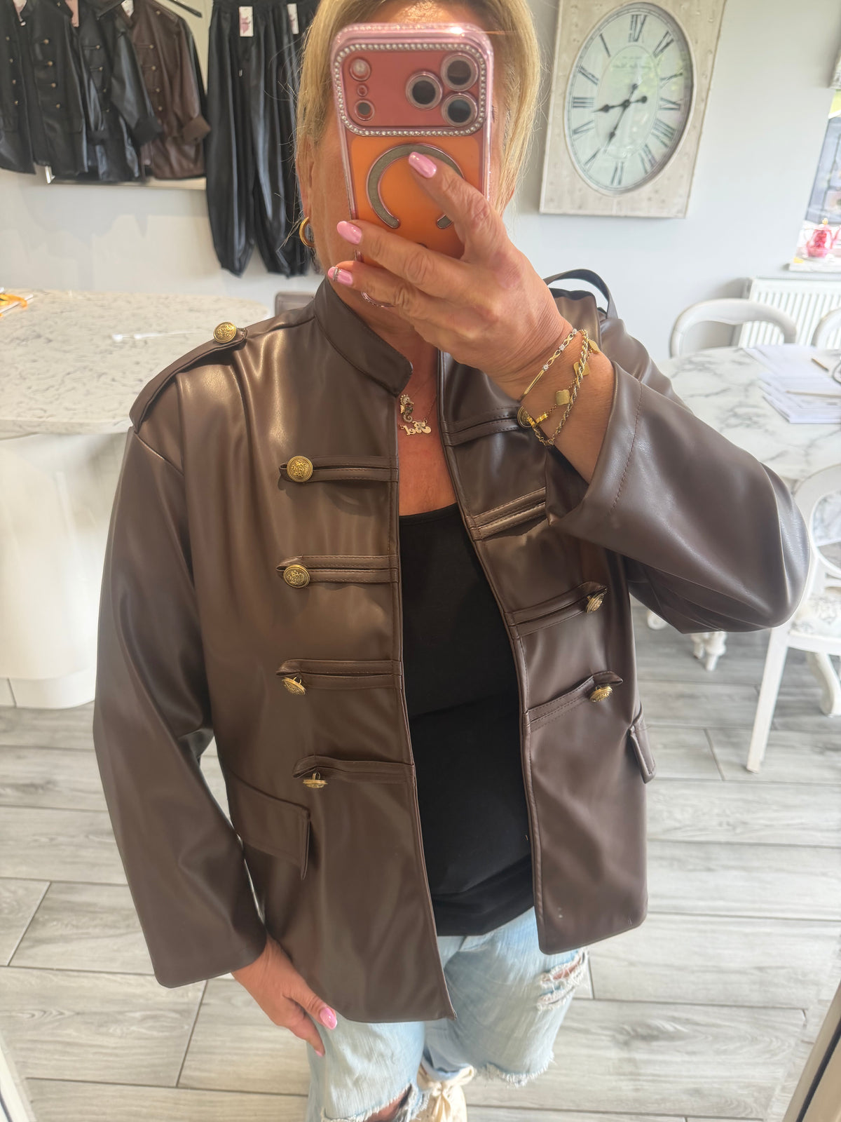 Suzie military style faux leather open jacket