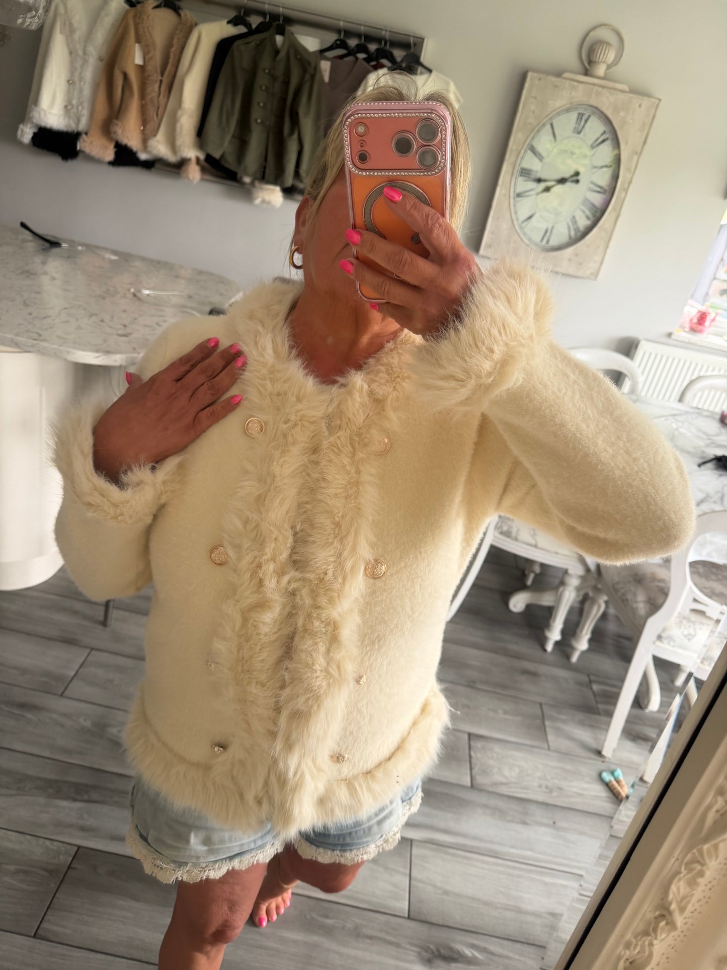 Giselle faux fur trim gold buttons cardi/jacket hook & eye closure