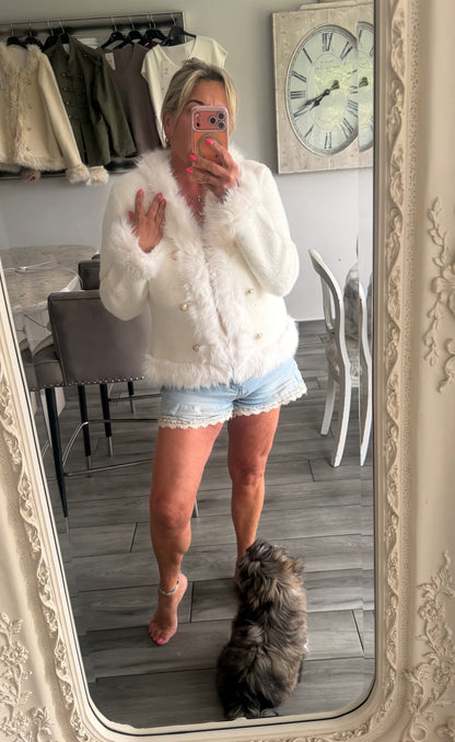 Lulu faux fur trim cardi/jacket with gold buttons and hook & eye clasp closure