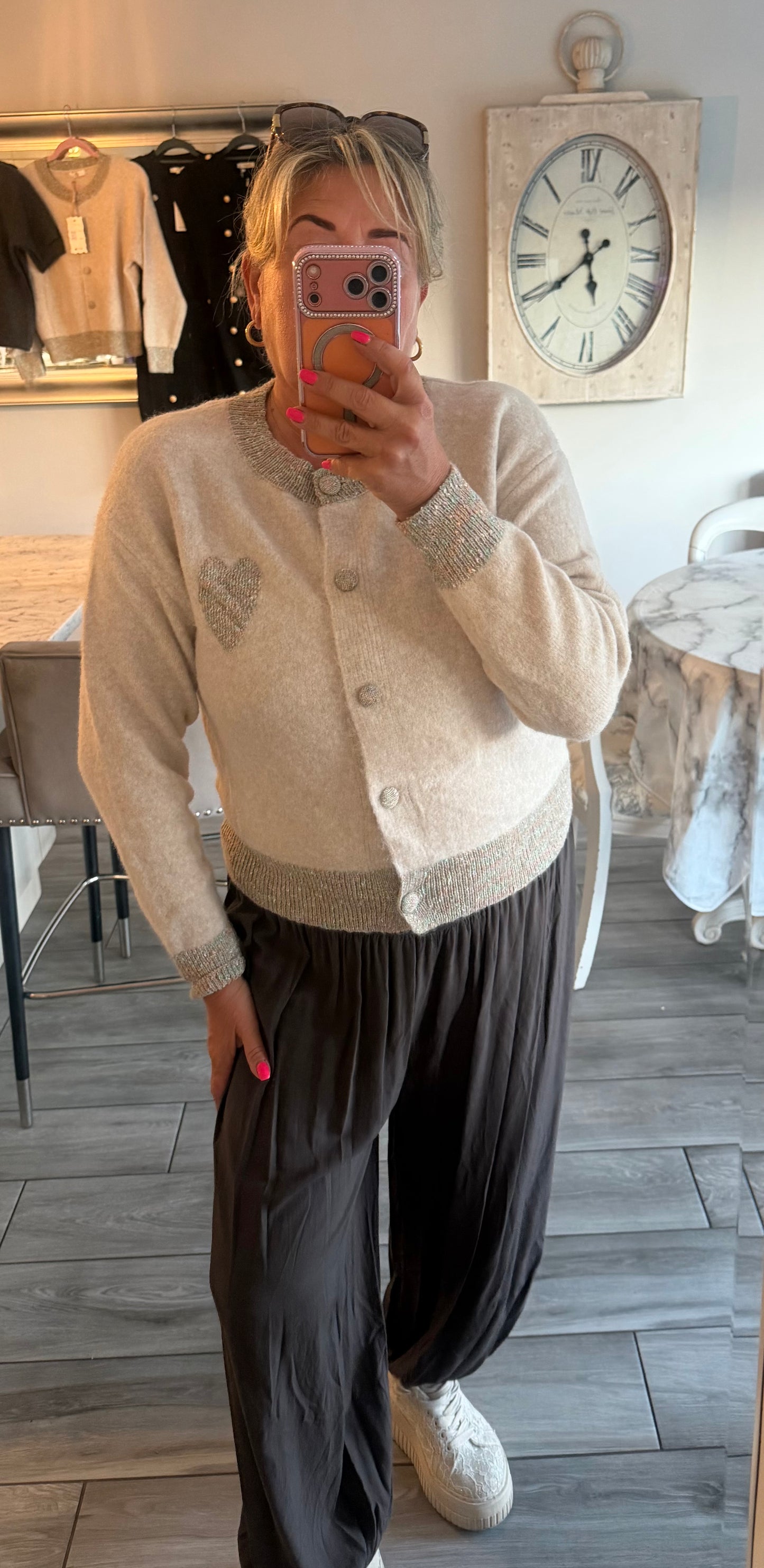 Georgia cardigan/jumper with multi coloured heart detail and trim