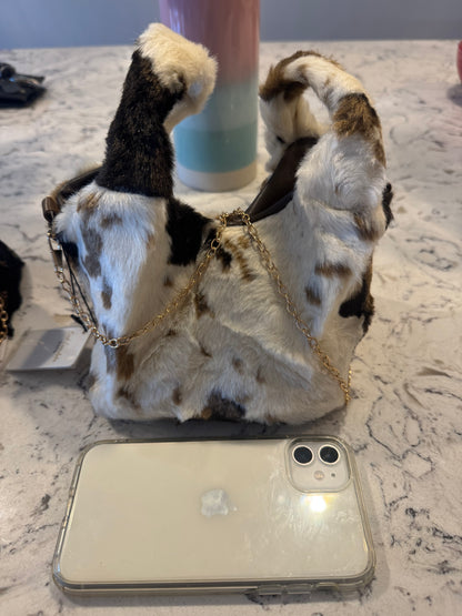 Dionne small flat faux fur bag with gold chain shoulder strap