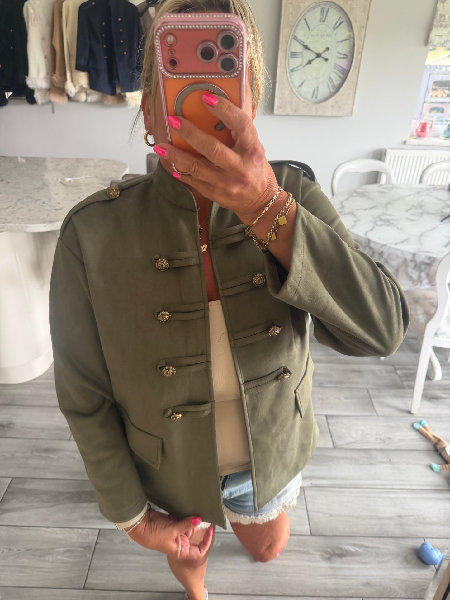 Flo suedette military style lightweight open jacket