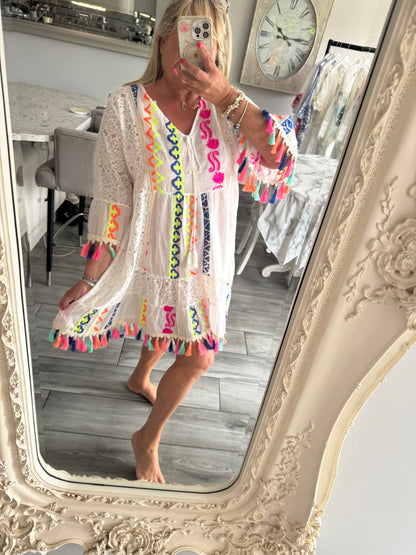 Bodhi neon lace tassel dress