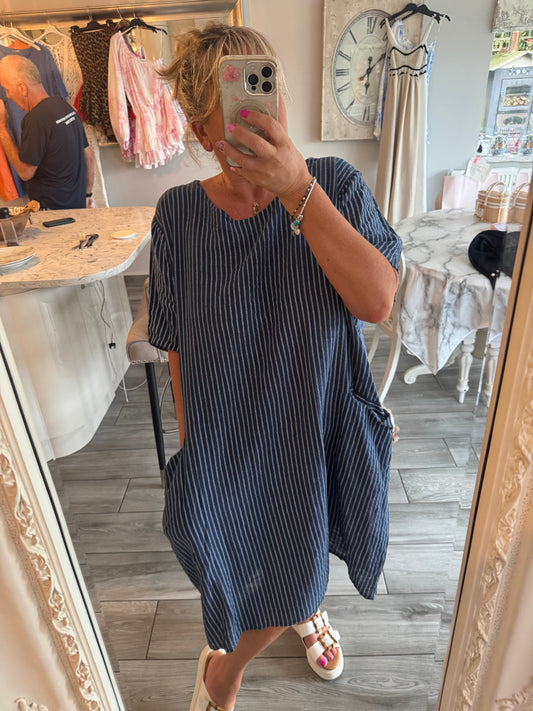 Pina 100% Cotton pinstripe dress with pockets