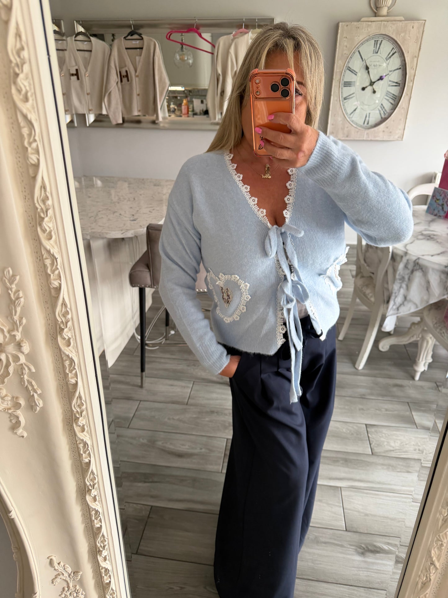 Tilly cardigan with ties and lace detail trim