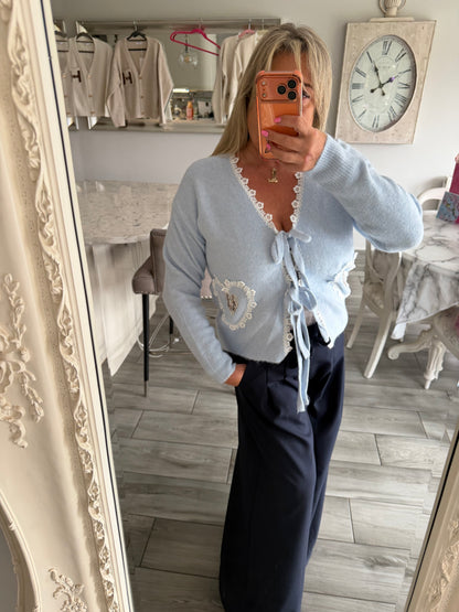 Tilly cardigan with ties and lace detail trim