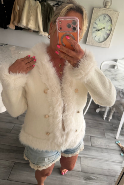 Lulu faux fur trim cardi/jacket with gold buttons and hook & eye clasp closure