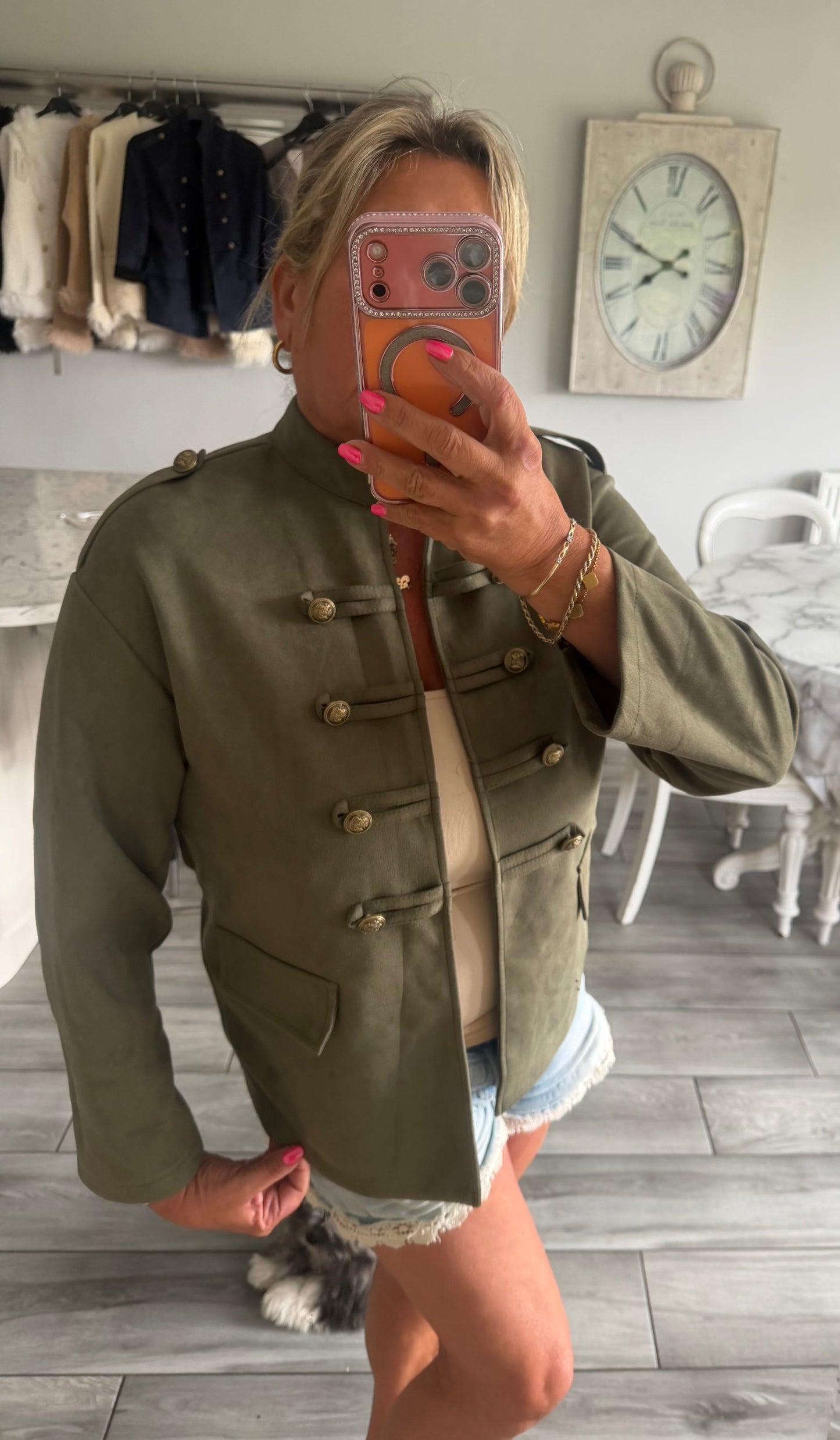 Flo suedette military style lightweight open jacket