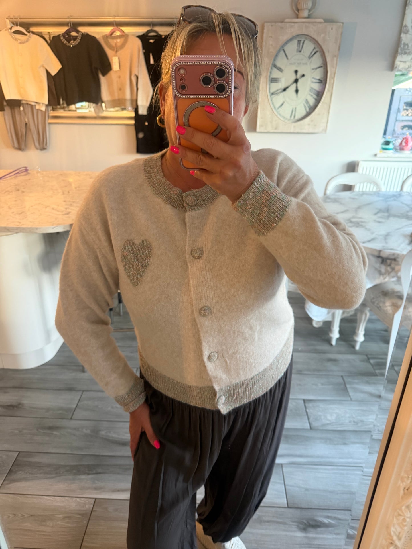 Georgia cardigan/jumper with multi coloured heart detail and trim