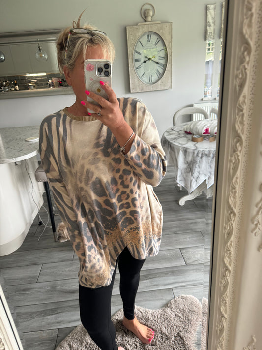 Hayley  cheetah pattern high low oversize jumper with pockets