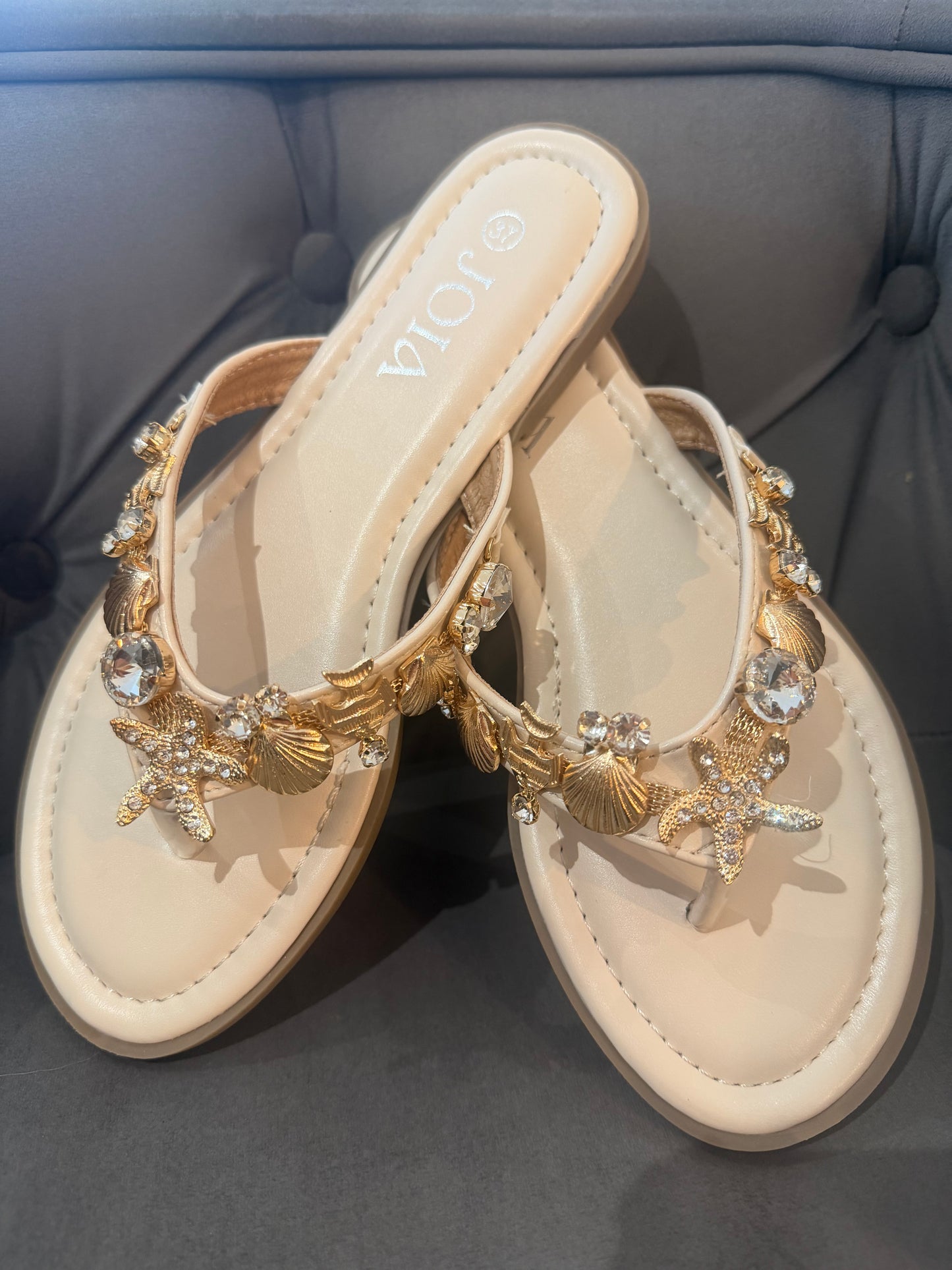 Madrid pretty flip flops gold embellish charms