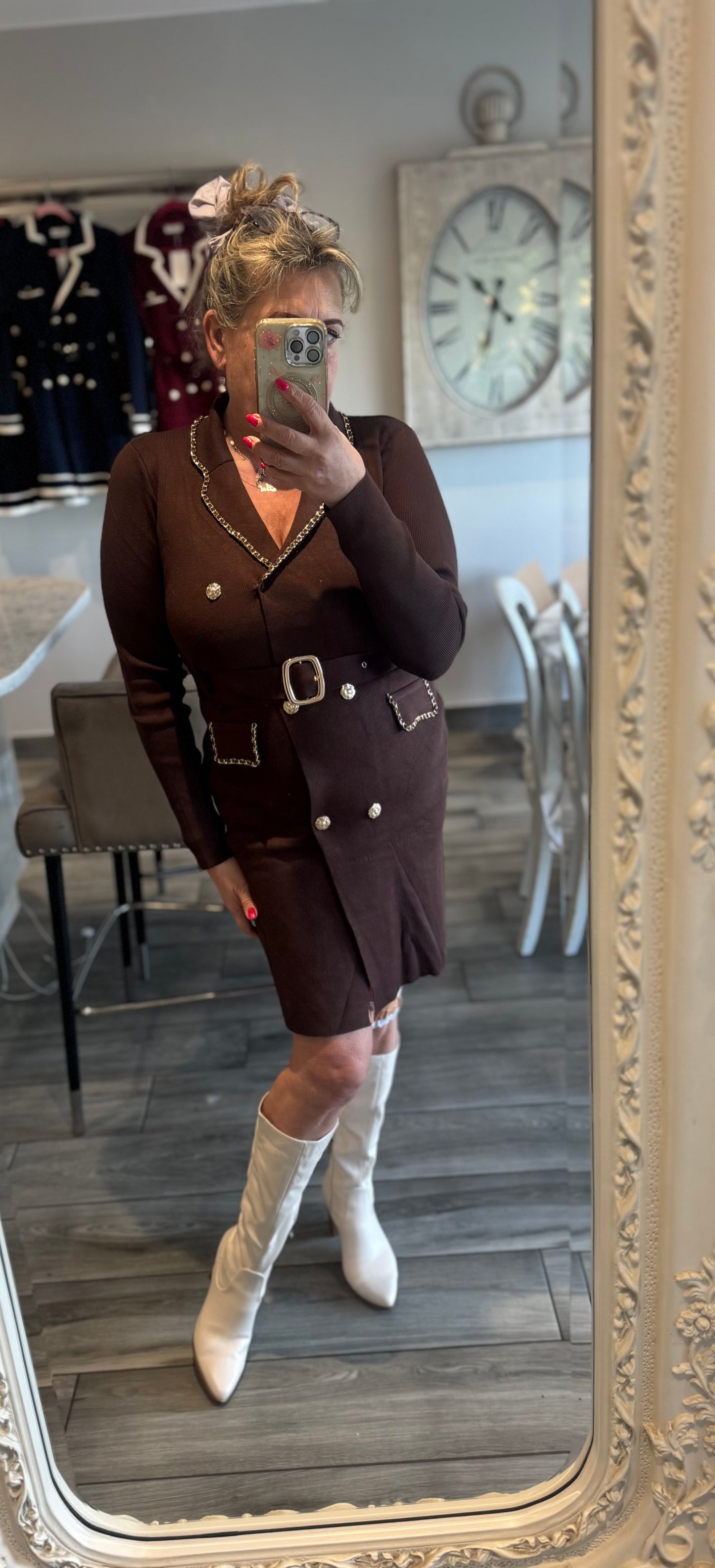 Ella smart short dress gold chanelesque chain detail