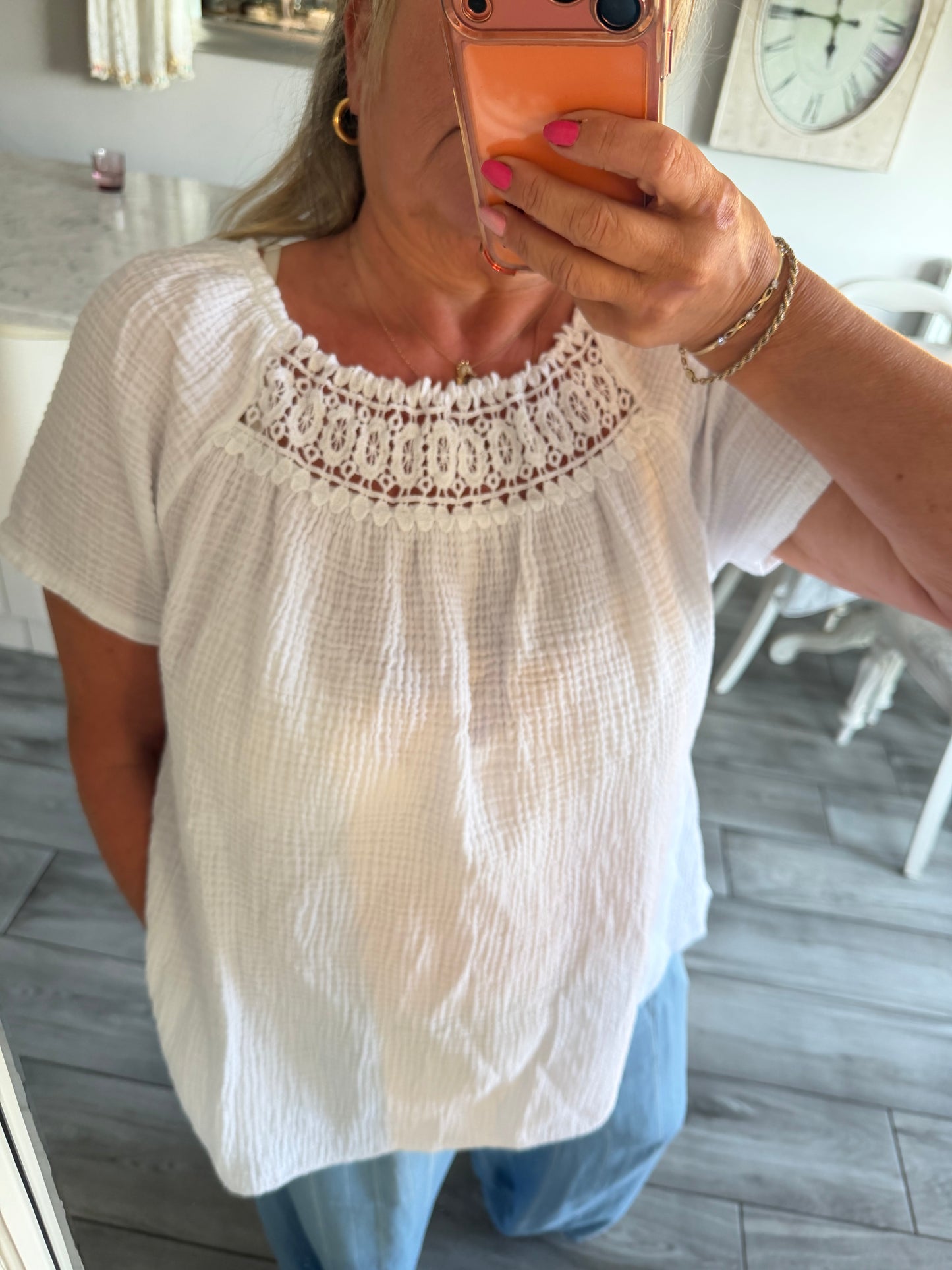 Monica cheesecloth lace detail top Bardot