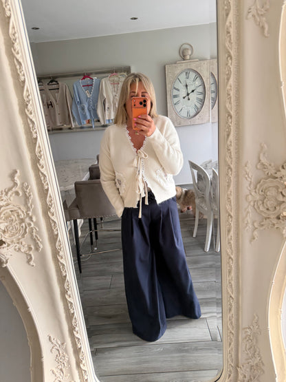 Tilly cardigan with ties and lace detail trim