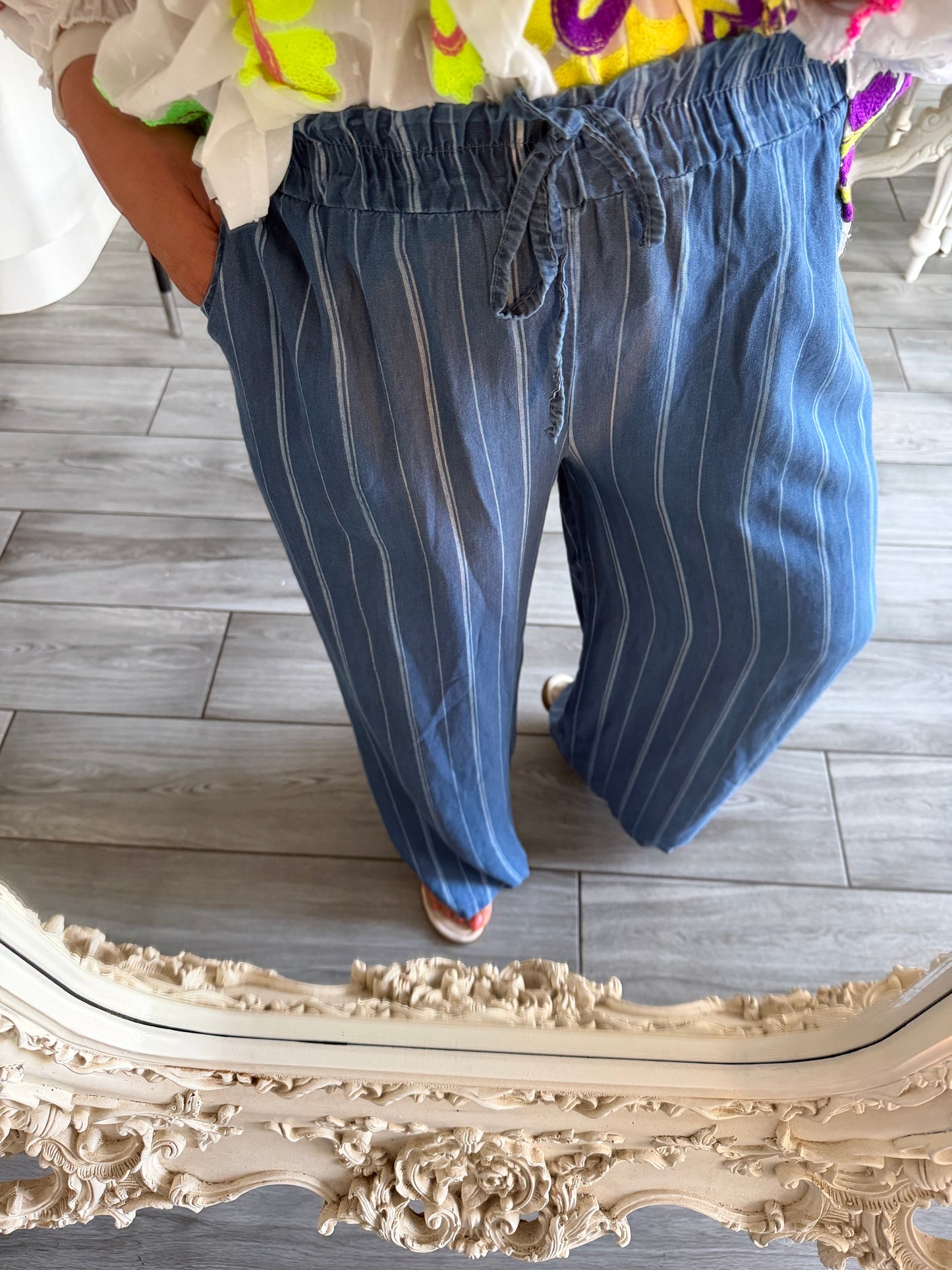Arabella loose fit wide leg Elasticated waist trousers strip