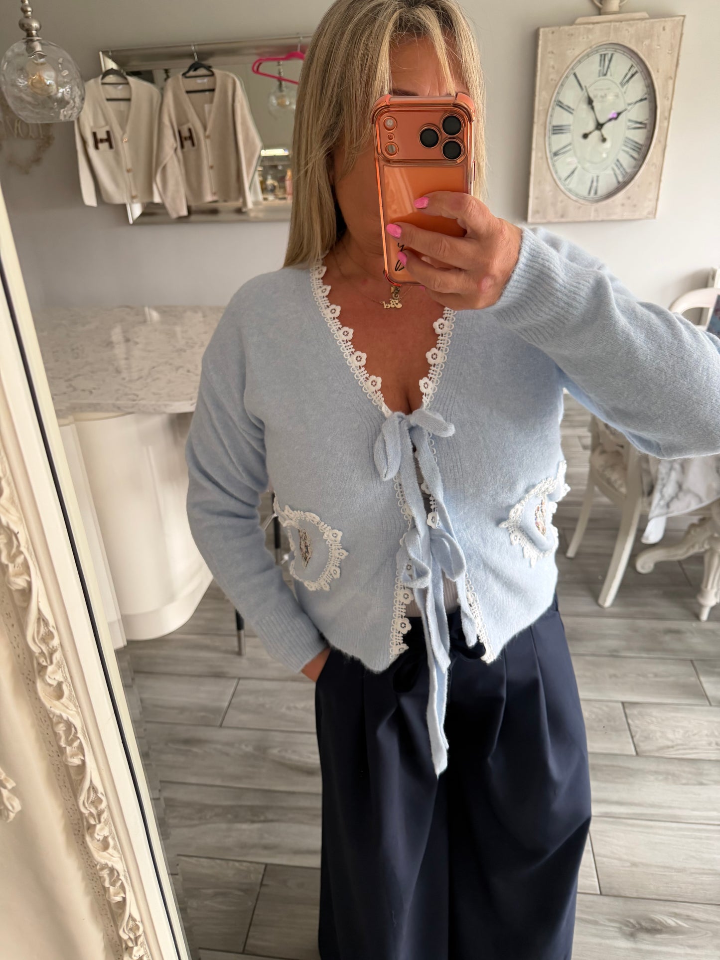 Tilly cardigan with ties and lace detail trim
