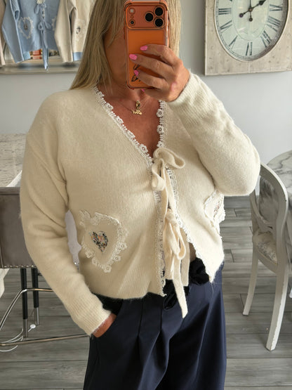 Tilly cardigan with ties and lace detail trim