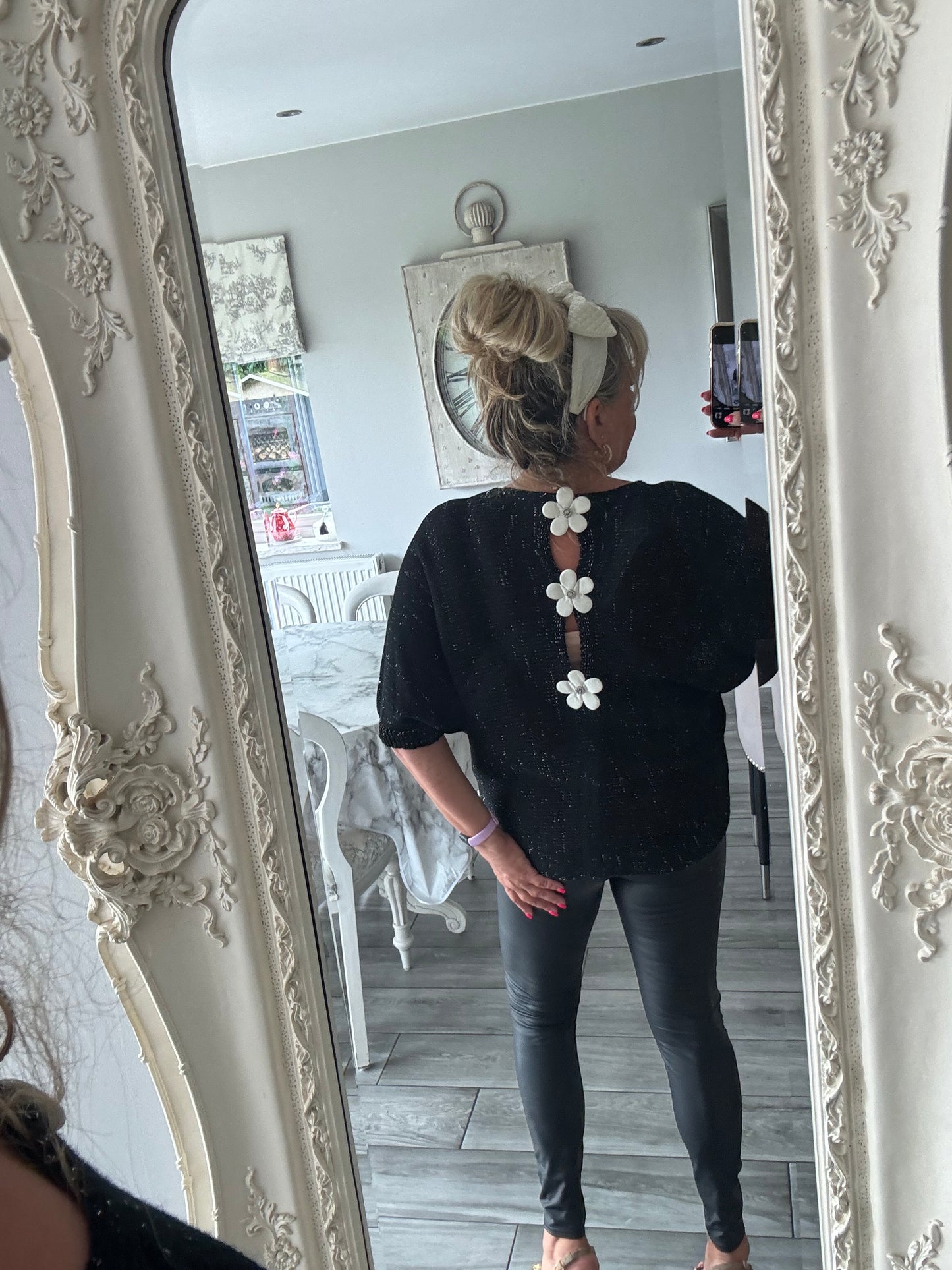 Arabella lightweight batwing jumper with silver fleck and daisies on the back
