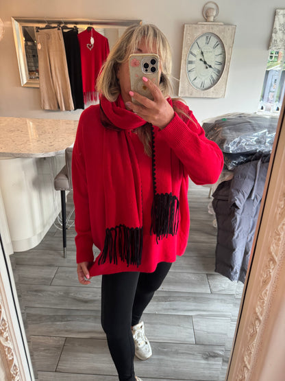 Josie red loose jumper with matching scarf with black detail on scarf