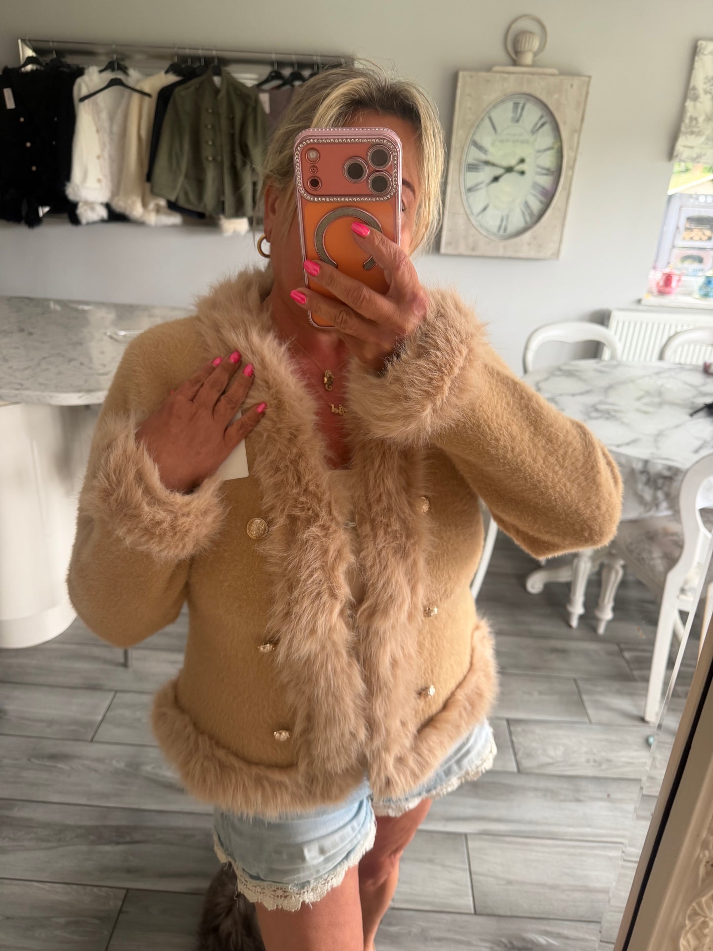 Lulu faux fur trim cardi/jacket with gold buttons and hook & eye clasp closure