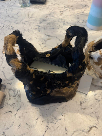 Dionne small flat faux fur bag with gold chain shoulder strap