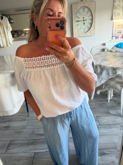 Monica cheesecloth lace detail top Bardot