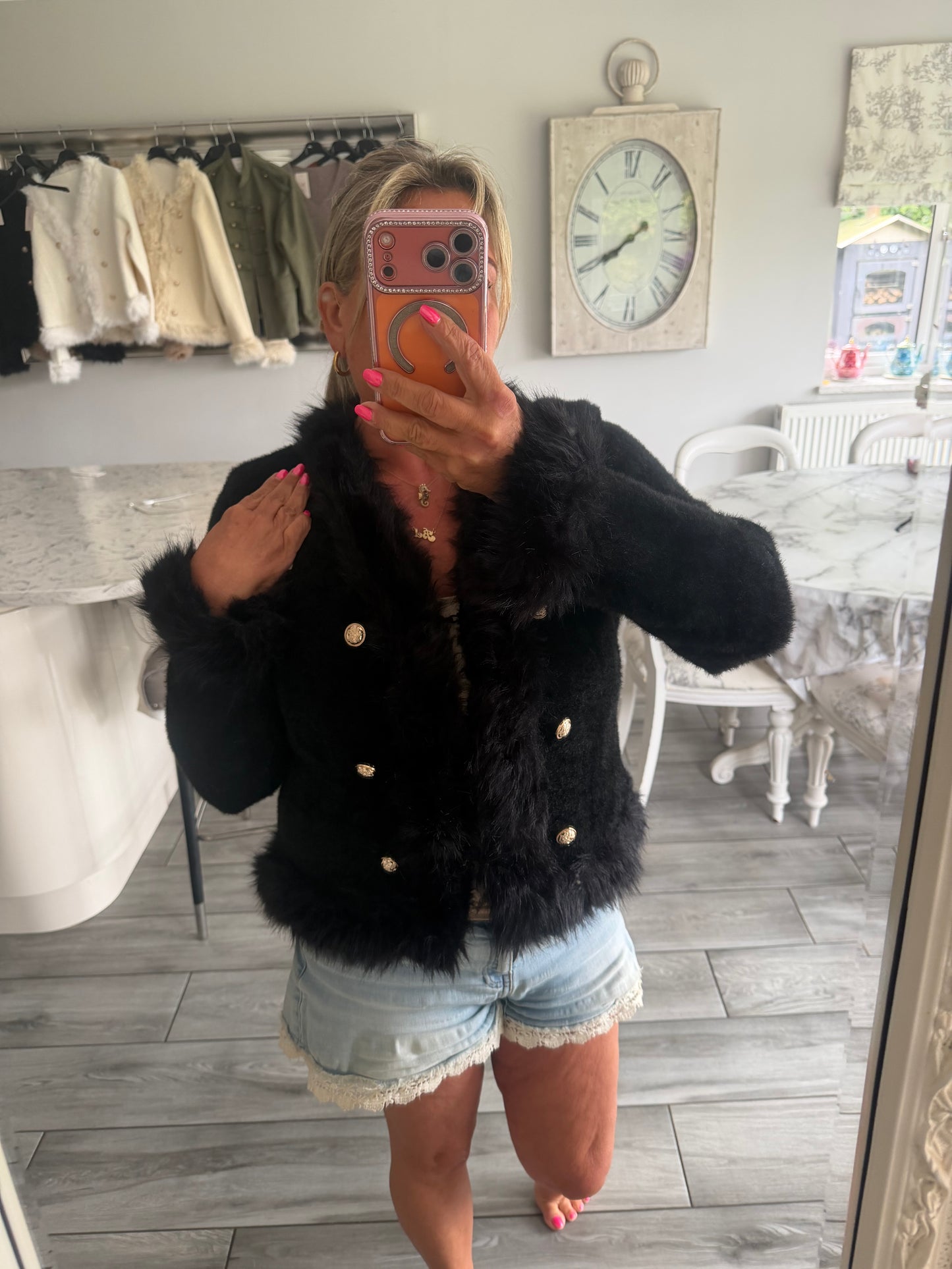 Lulu faux fur trim cardi/jacket with gold buttons and hook & eye clasp closure