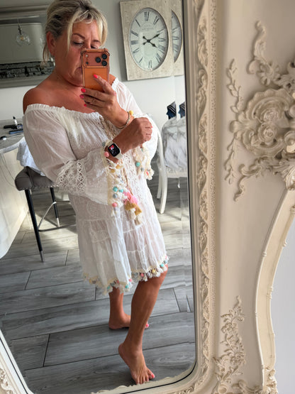 Georgia 100% cotton  Pom Pom detail Bardot dress