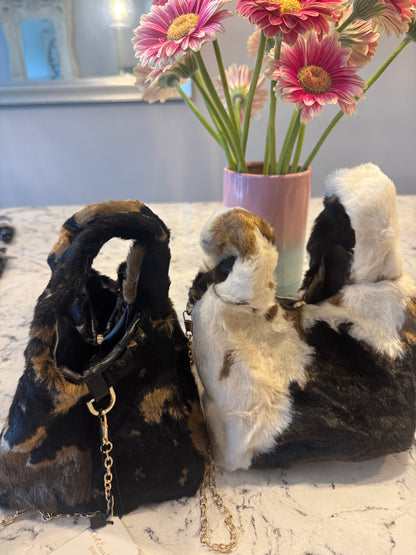 Dionne small flat faux fur bag with gold chain shoulder strap