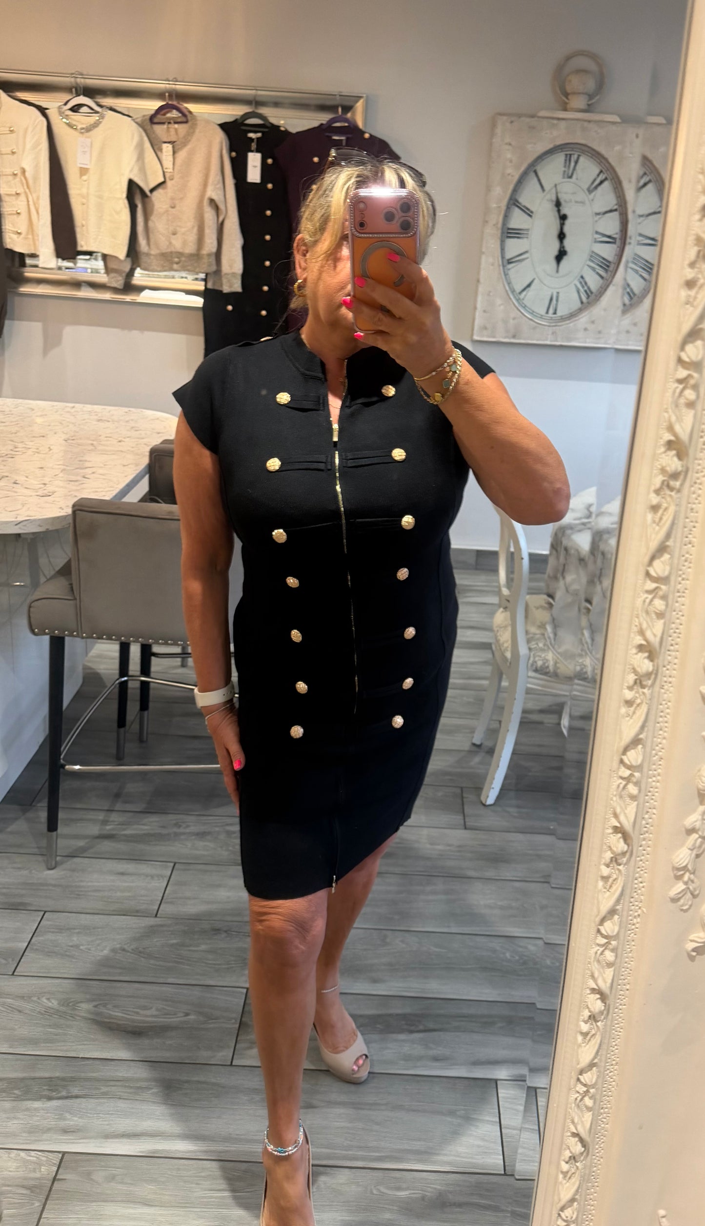 Cindy dress with full zip stretch military style gold button detail