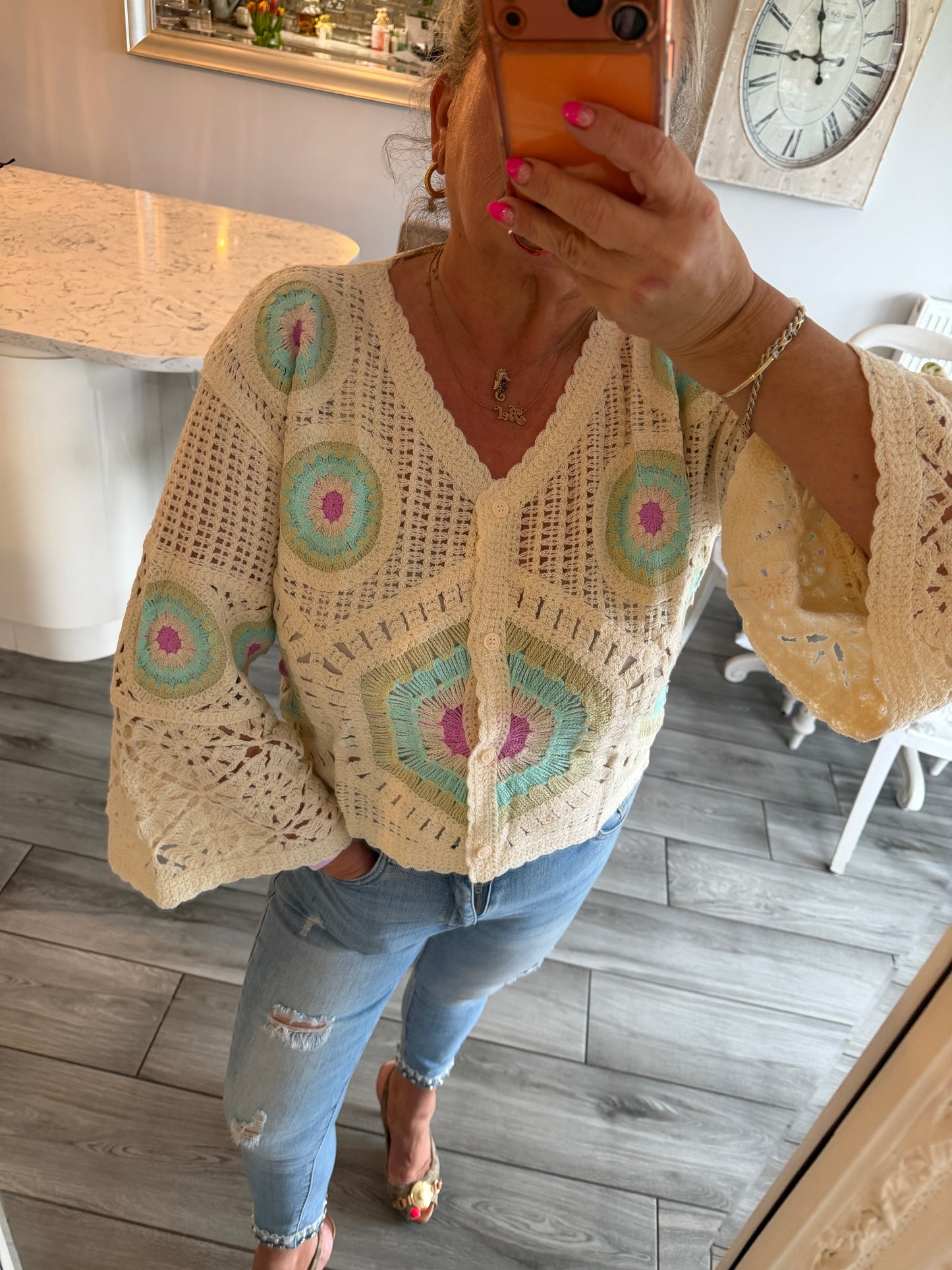 Carla wide sleeve crochet button through top/cardi 100% cotton