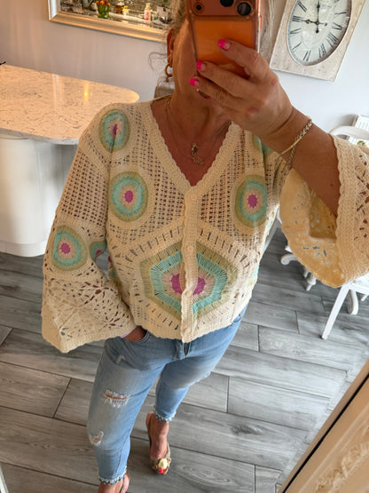 Carla wide sleeve crochet button through top/cardi 100% cotton