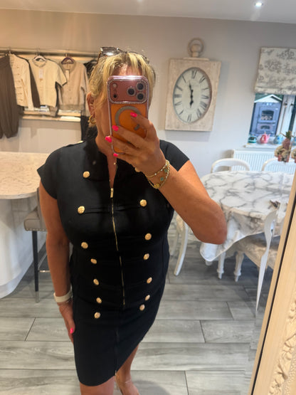 Cindy dress with full zip stretch military style gold button detail