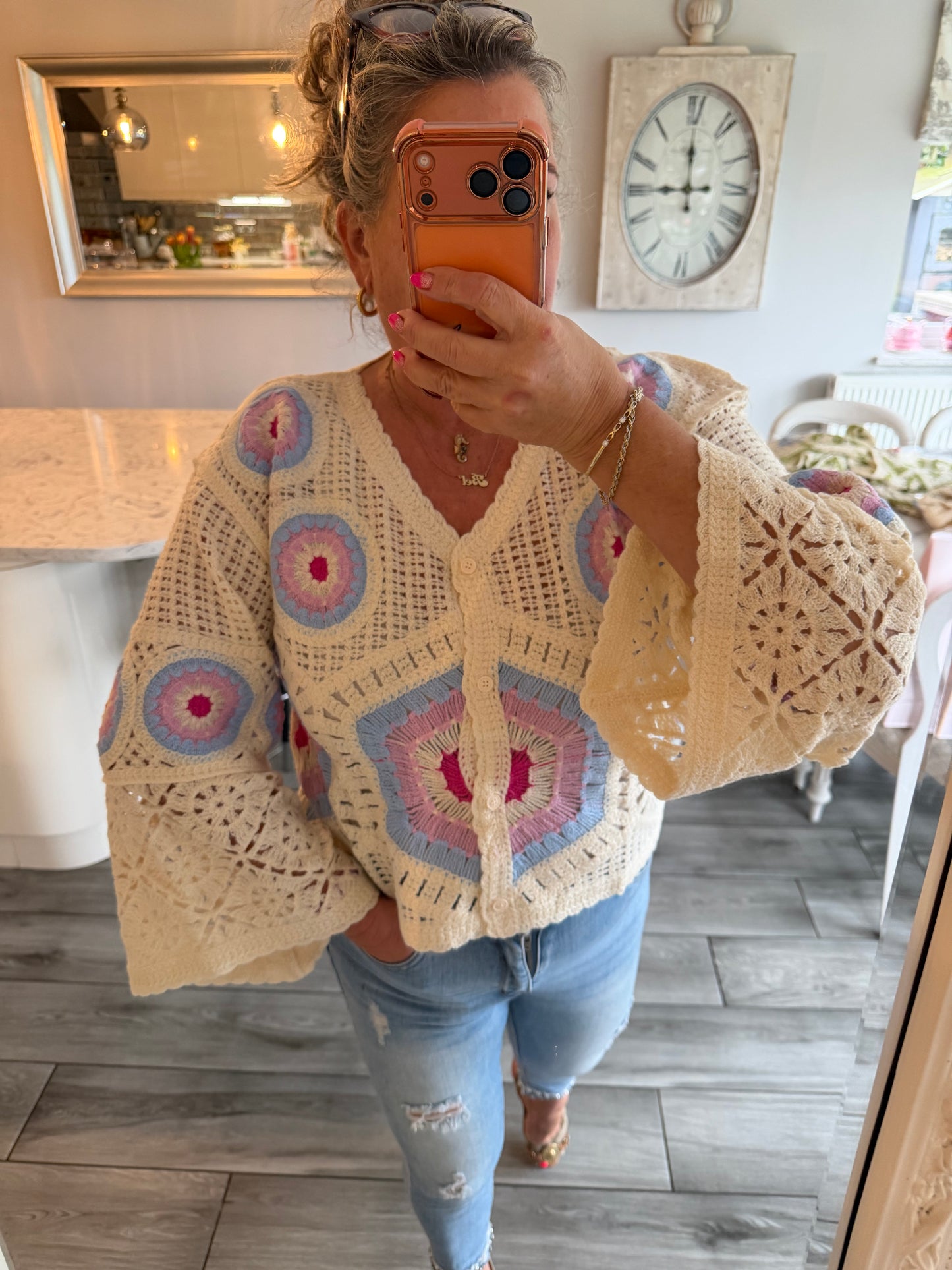 Carla wide sleeve crochet button through top/cardi 100% cotton