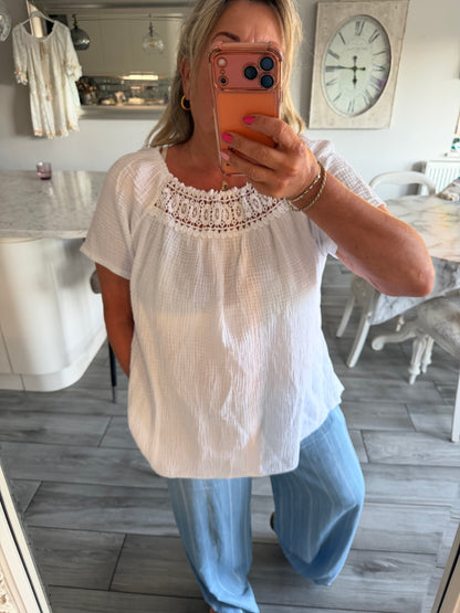 Monica cheesecloth lace detail top Bardot