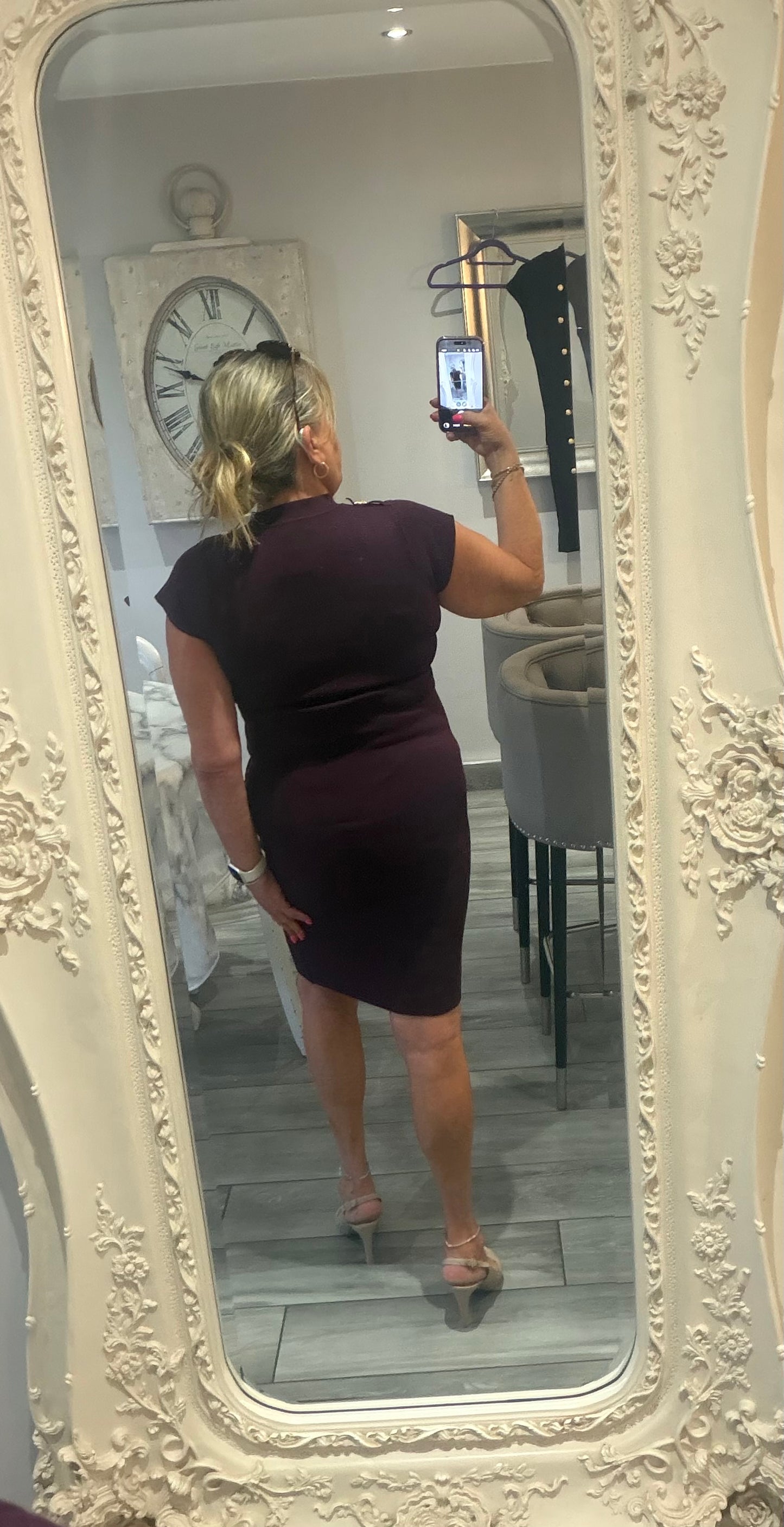 Cindy dress with full zip stretch military style gold button detail