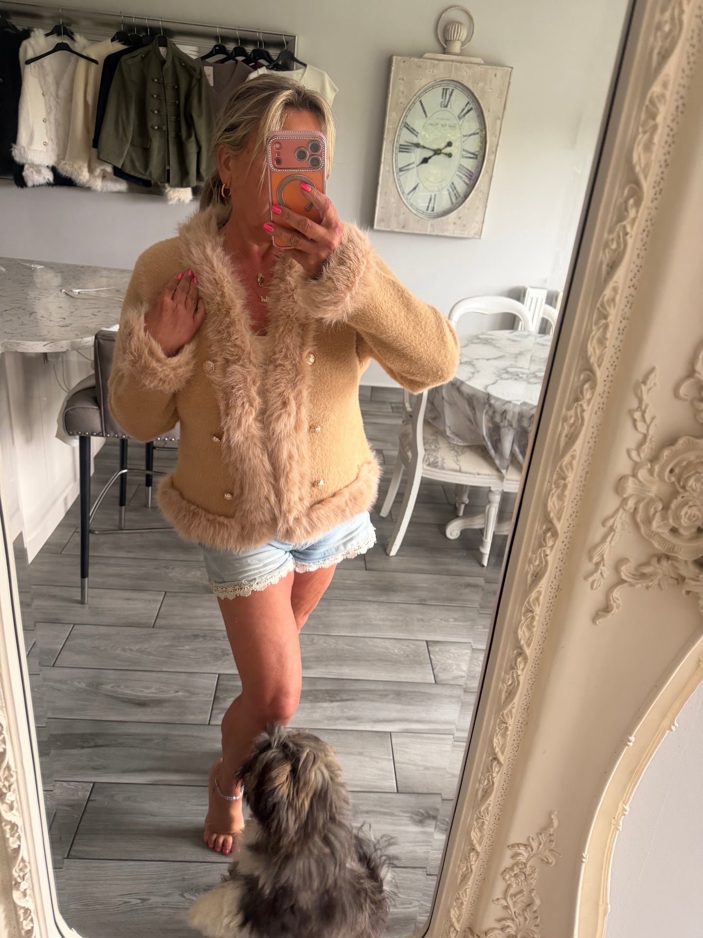 Lulu faux fur trim cardi/jacket with gold buttons and hook & eye clasp closure