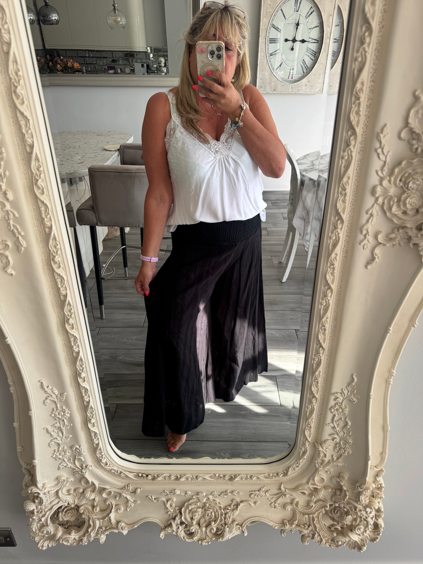 Sasha broderie anglaise wide leg Shirred waist trousers with built in shorts