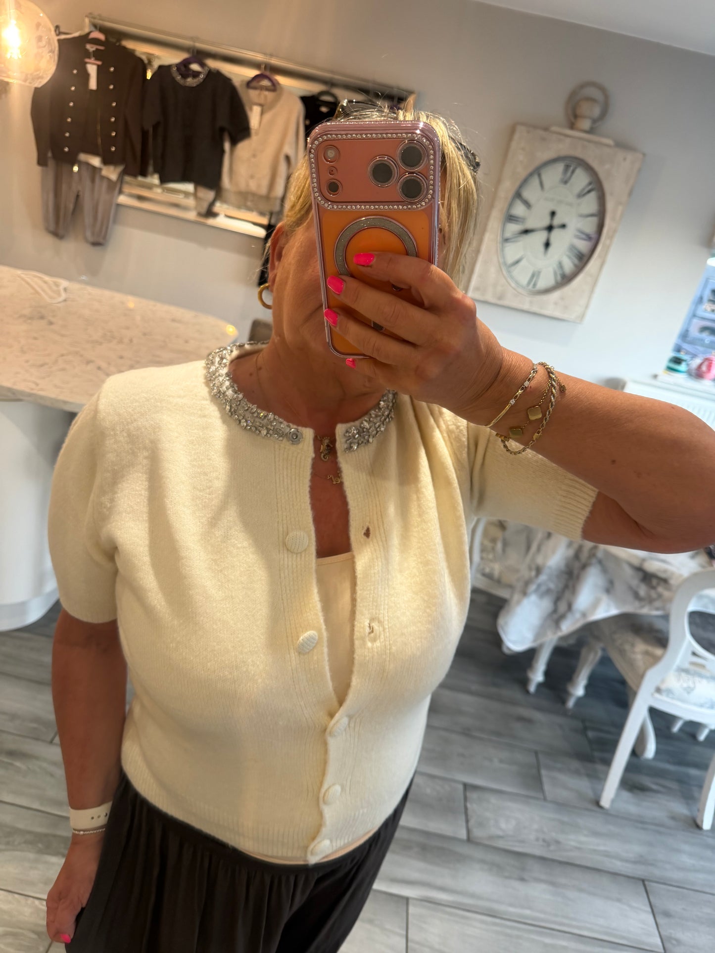 Monica crystal neck encrusted detail short sleeve cardigan/jumper