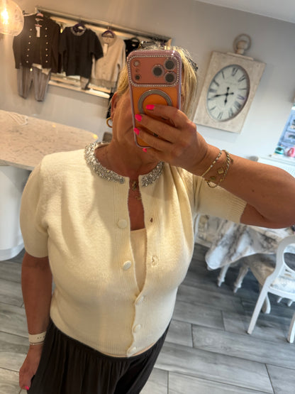 Monica crystal neck encrusted detail short sleeve cardigan/jumper