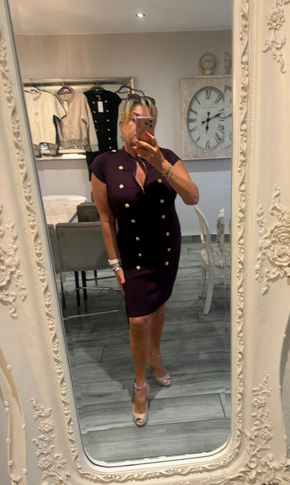 Cindy dress with full zip stretch military style gold button detail