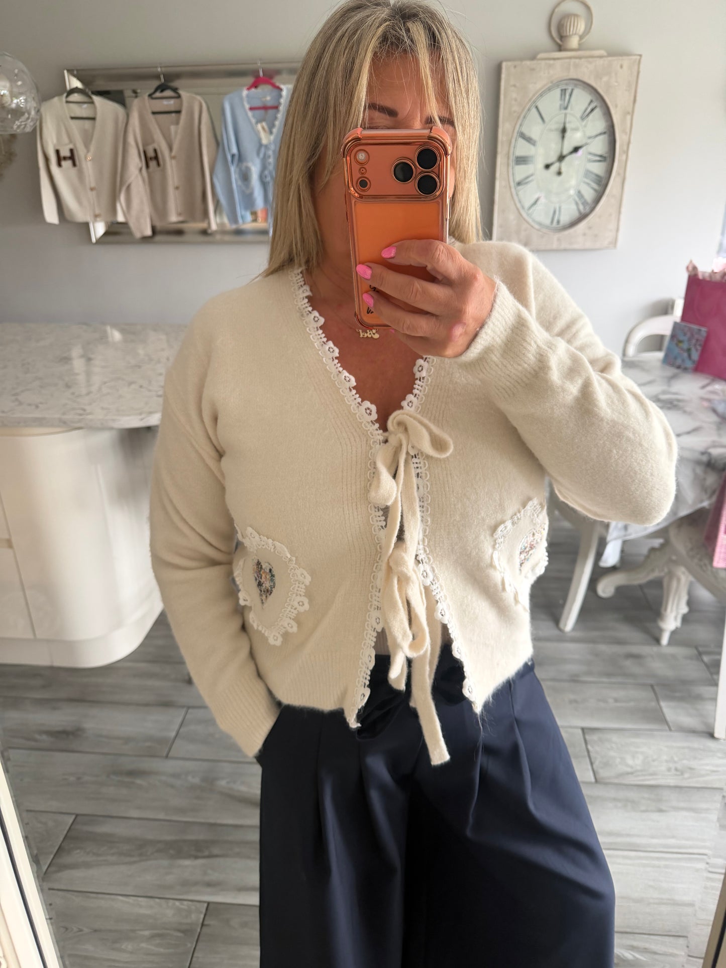Tilly cardigan with ties and lace detail trim