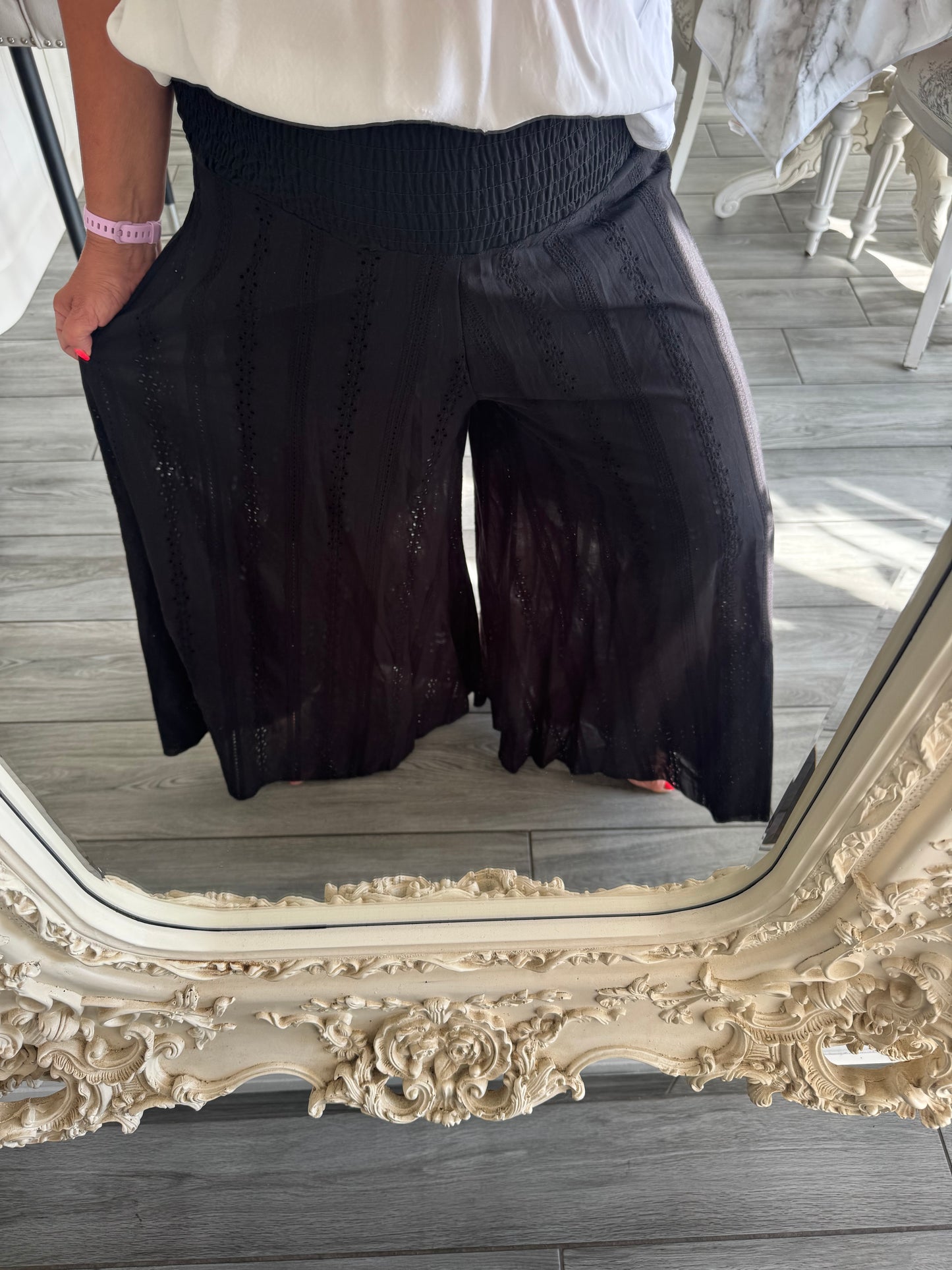 Sasha broderie anglaise wide leg Shirred waist trousers with built in shorts