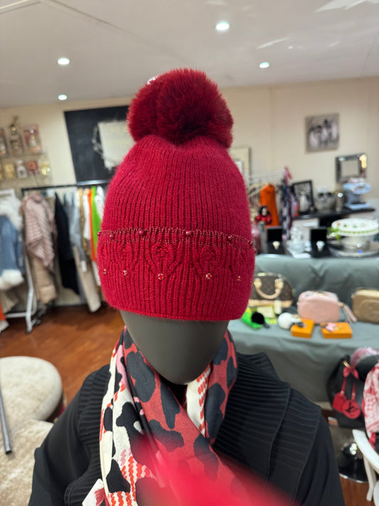 Rossi wine colour sparkly pompom fleece lined hat