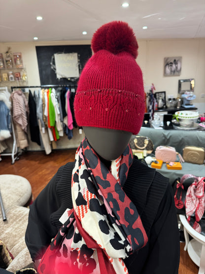 Rossi wine colour sparkly pompom fleece lined hat