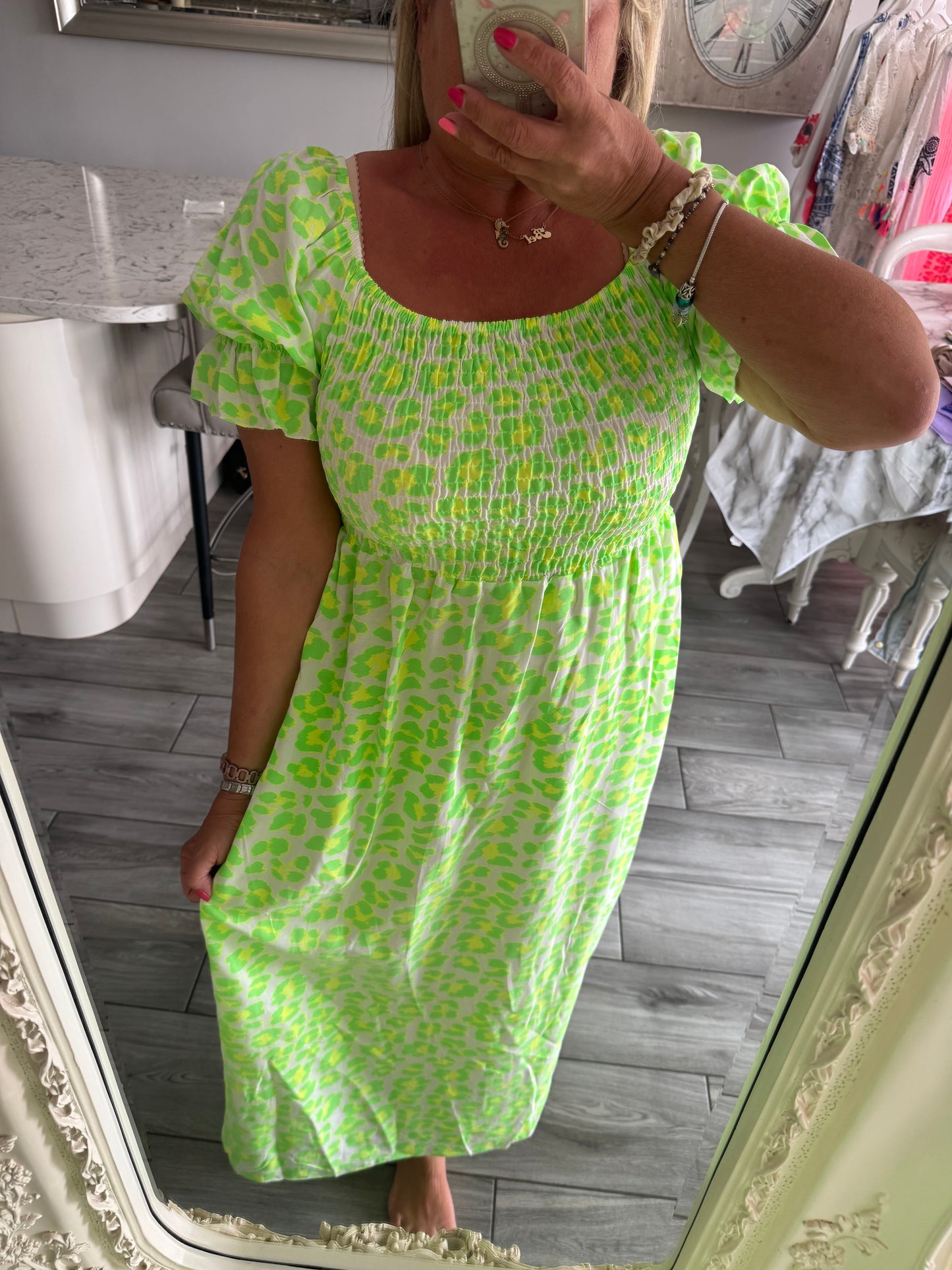 Aurora neon leopard print dress Shirred bust line