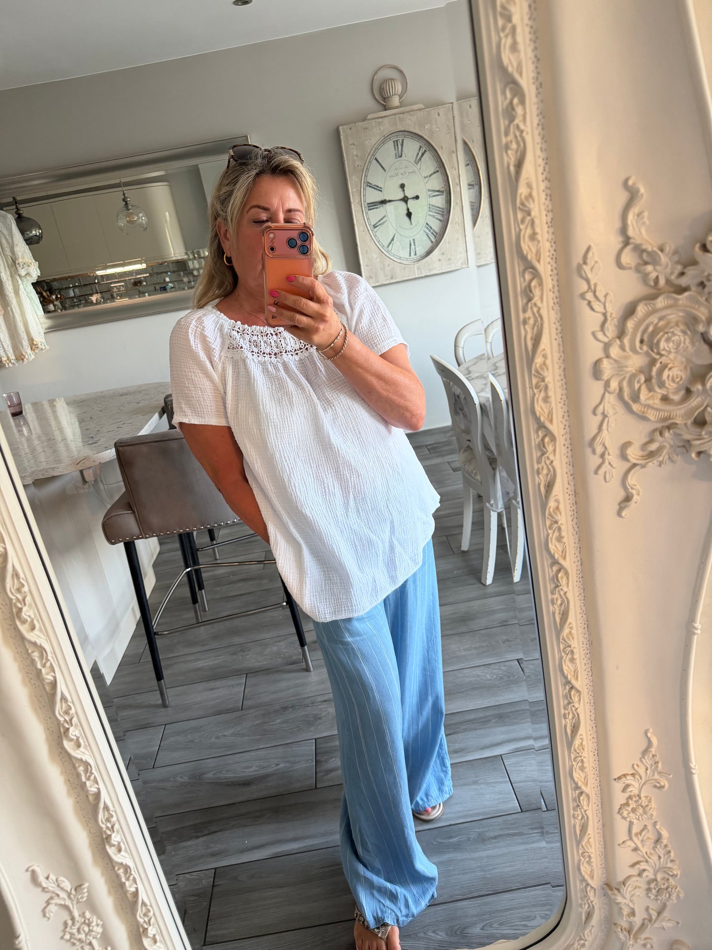 Monica cheesecloth lace detail top Bardot