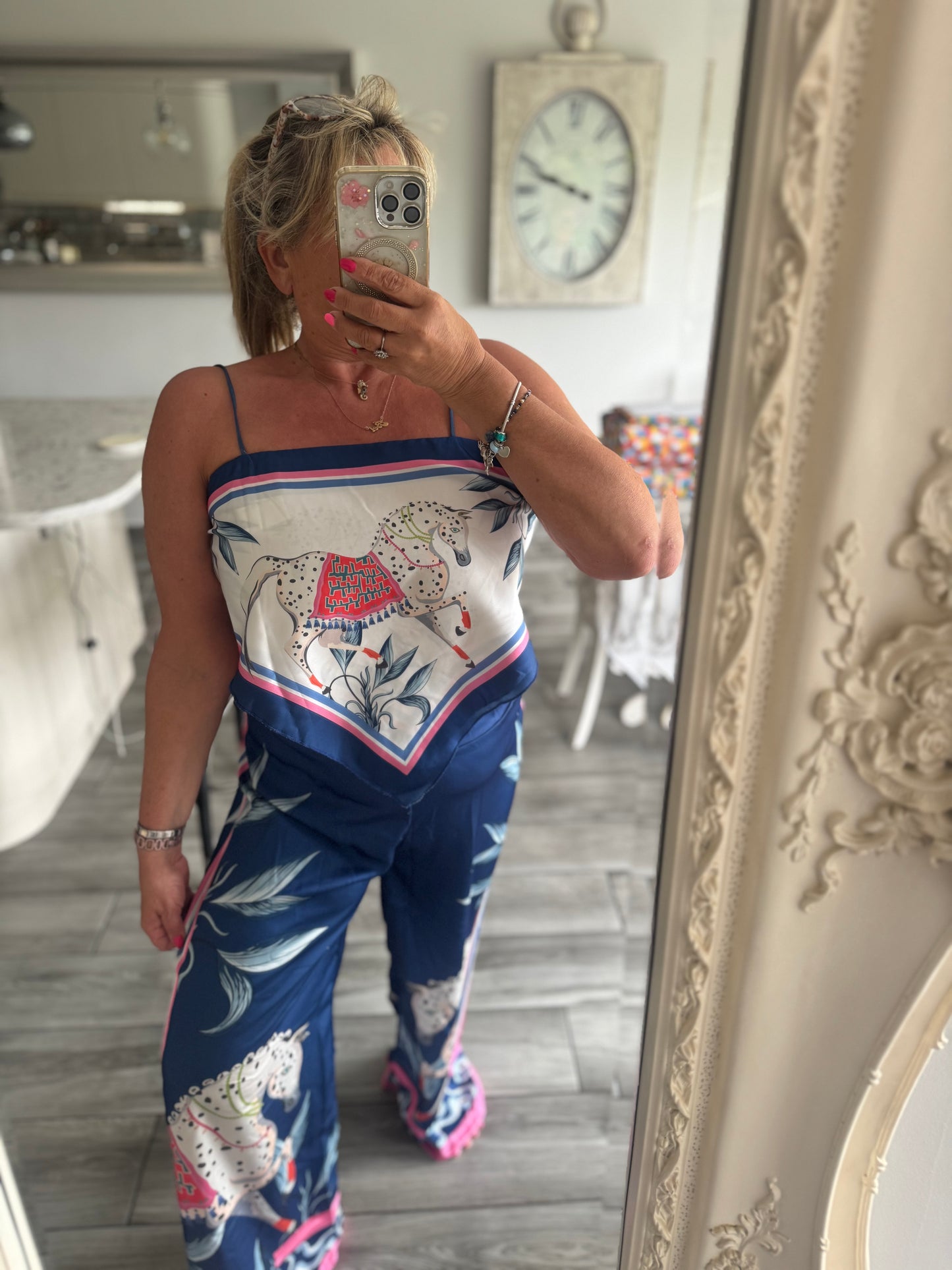 Marni satin horse print wide leg trouser with scarf top 2 piece set