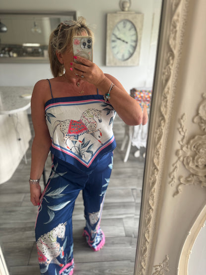 Marni satin horse print wide leg trouser with scarf top 2 piece set