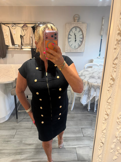 Cindy dress with full zip stretch military style gold button detail